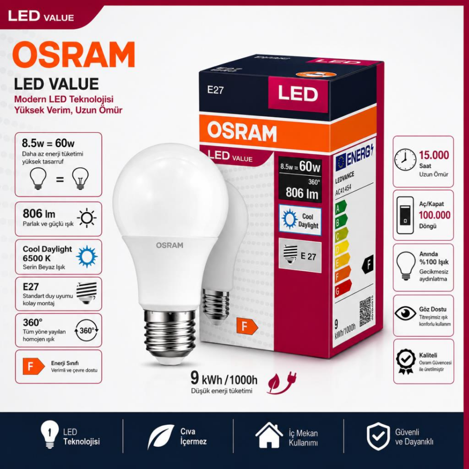 Osram LEDValue 8.5W LED Ampul E27 Duylu 806 Lümen 2700K Sarı Işık 60W Eşdeğer Tasarruflu LED Ampul