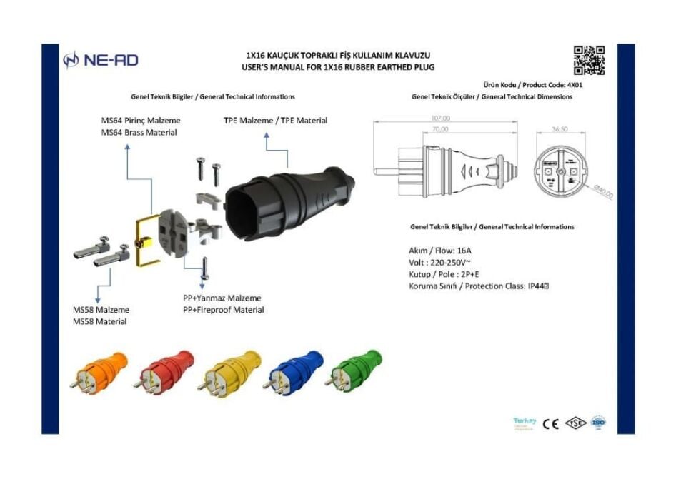 Ne-Ad Kauçuk Erkek Fiş 1*16A 4001