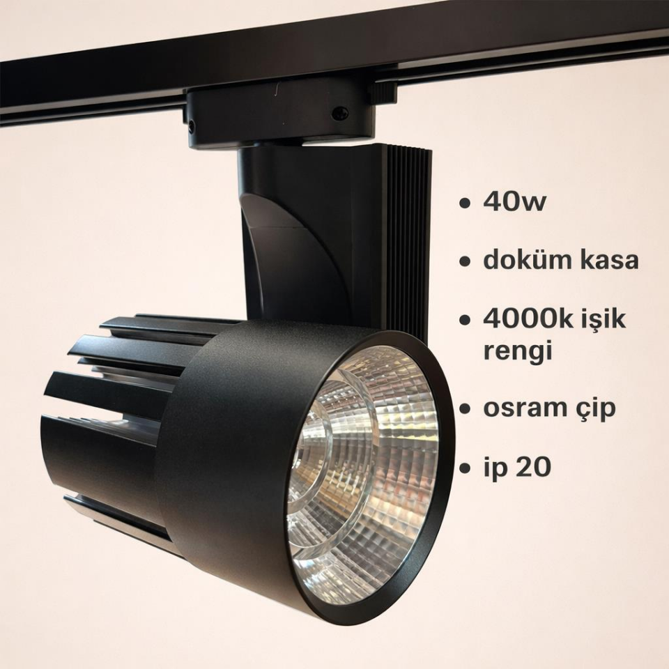 40 Watt Ledli Ray Spot Siyah Kasa Sıcak Beyaz 4000K