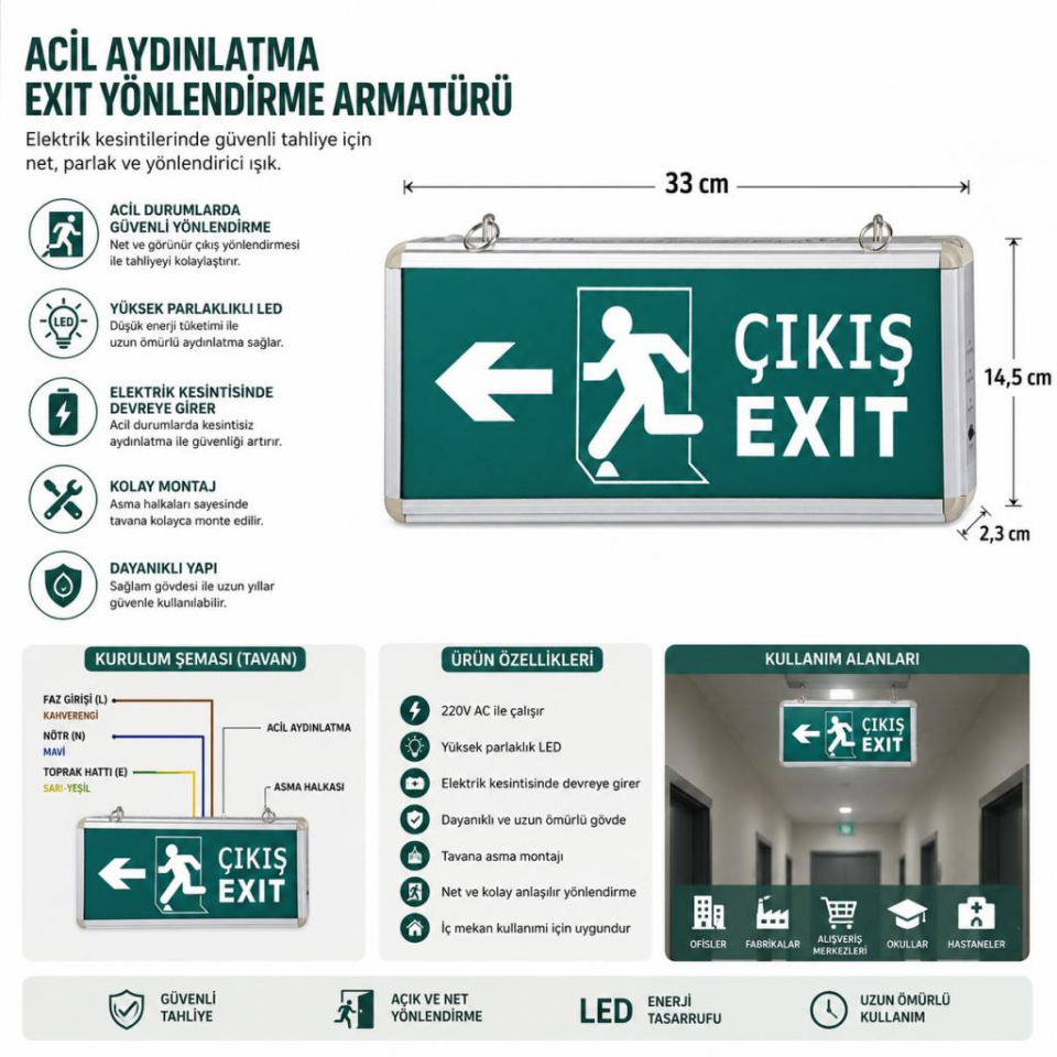 Cata CT-9170 Çift Yönlü Acil Çıkış Levhası Exit Yönlendirme Armatürü 220V LED Acil Aydınlatma