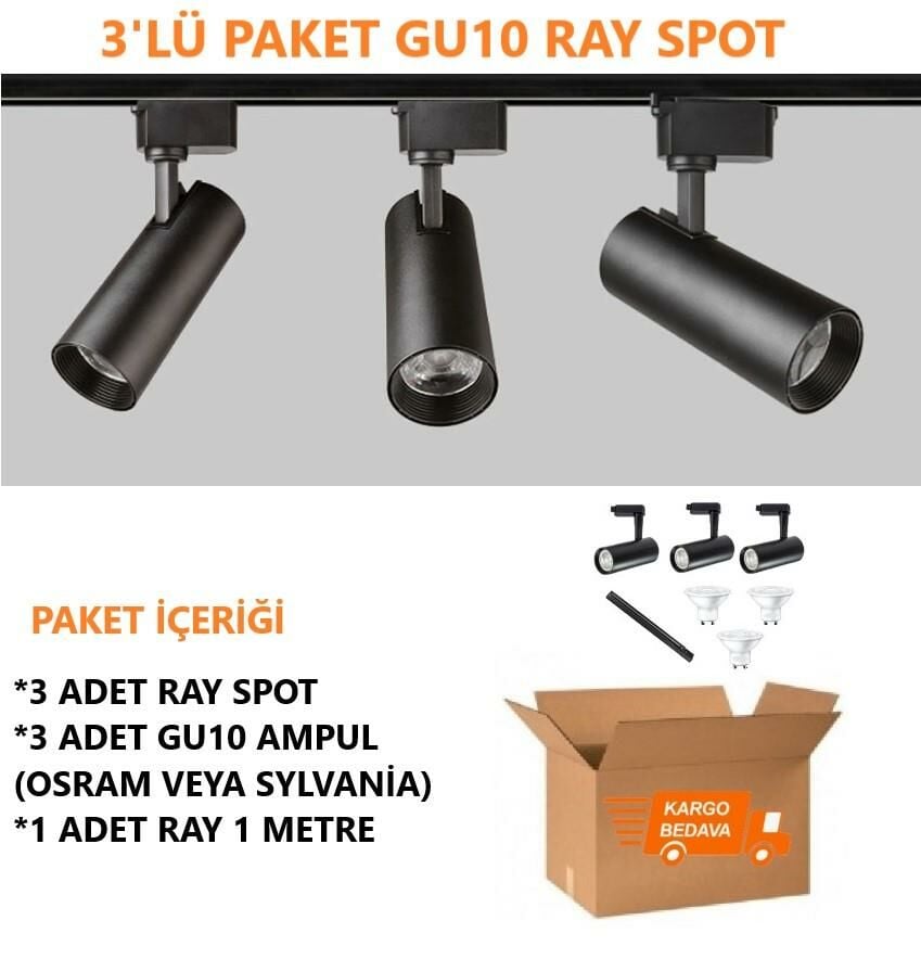 MİNİ RAY SPOT DEKORATİF BİR TAKIM AMPULLU EV OFİS MAĞAZA VİTRİN AYDINLATMA SİYAH KASA 3000K