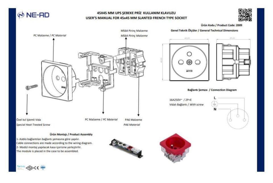 Ne-Ad 45x45 mm Ups Kanal Priz Çekirdeği 2009