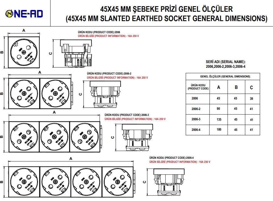 Ne-Ad 45x45 mm 3'lü Kanal Şebeke Prizi 2006-3