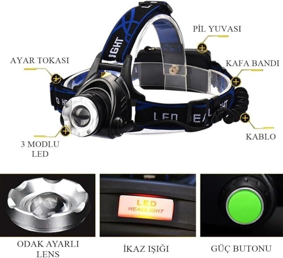 CATA CT-9123 Şarjlı LED Kafa Feneri | Zoom Özellikli, 3 Modlu, 300 Lümen IP44 | Kamp, Balıkçılık, Tamirat, Koşu İçin Kafa Lambası