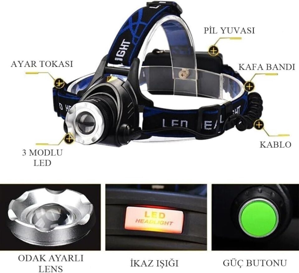 CATA CT-9123 Şarjlı LED Kafa Feneri | Zoom Özellikli, 3 Modlu, 300 Lümen IP44 | Kamp, Balıkçılık, Tamirat, Koşu İçin Kafa Lambası