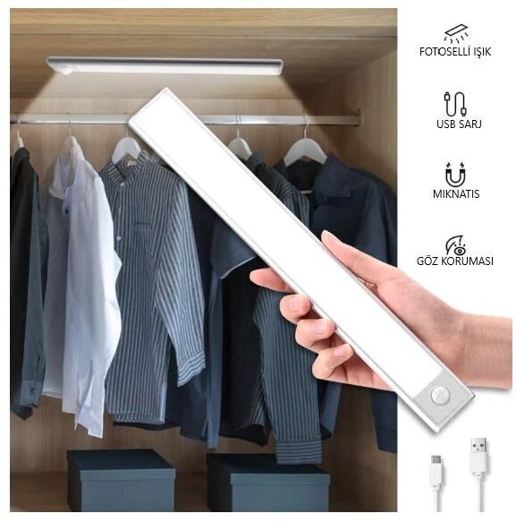 CATA KABLOSUZ GÜNIŞIĞI LED GECE LAMBASI HAREKET SENSÖRLÜ FOTOSELLİ DOLAP TEZGAH MAKYAJ TRAŞ ŞARJLI LED BANT ARMATÜR 40CM