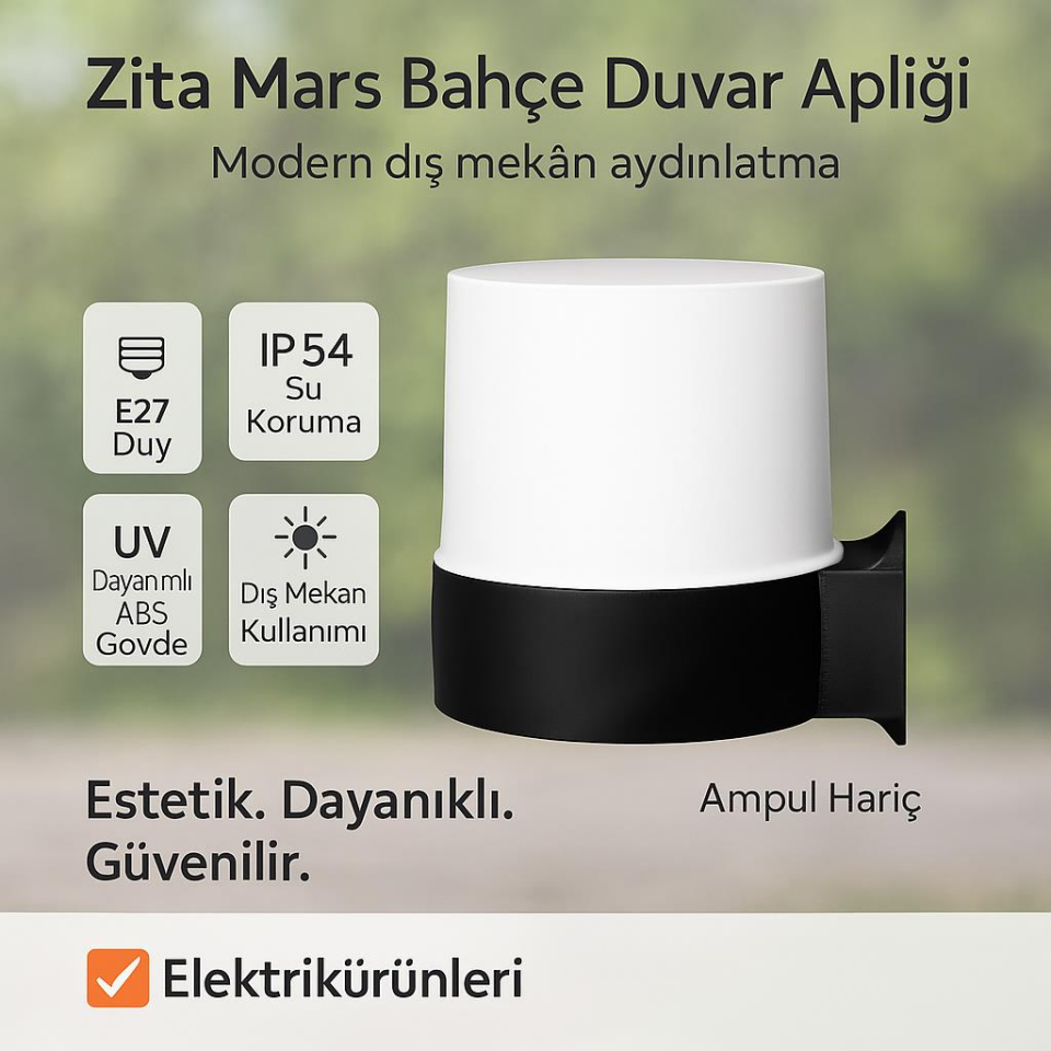 Zita Mars Bahçe Duvar Aplik | E27 Duylu Dış Mekan Aydınlatma | IP54 Su Geçirmez ABS Gövde | Duvar Üstü Peyzaj Apliği | Ampul Hariç