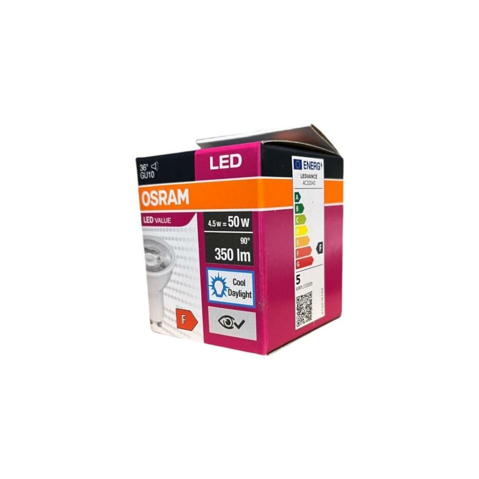 Osram GU10 4,5W LED Ampul 6500K Beyaz Işık – 10’lu Ekonomik Paket, 350 Lümen, 36° Açı, 15.000 Saat Ömür, Enerji Sınıfı F
