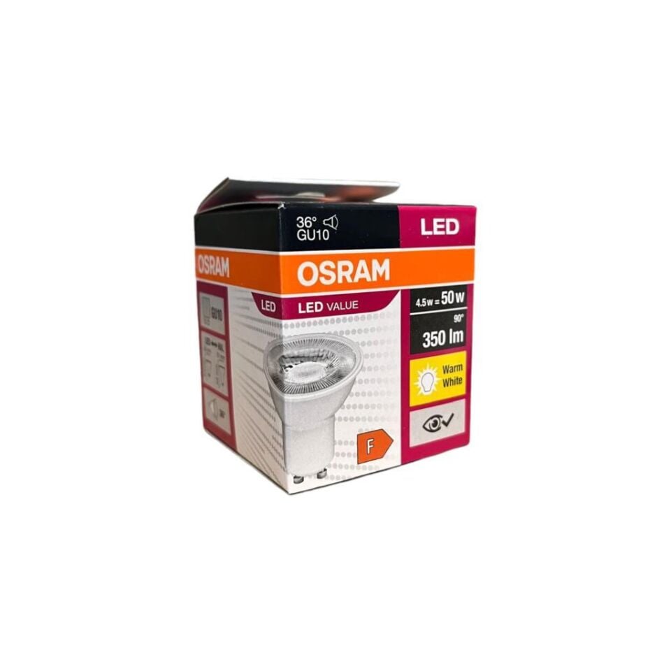 Osram 4,5W GU10 LED Ampul 10'lu Paket | 3000K Sarı Işık | 350 Lümen | 36° Aydınlatma Açısı | Uzun Ömürlü Enerji Tasarruflu Ampul