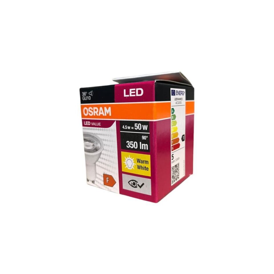 Osram 4,5W GU10 LED Ampul 10'lu Paket | 3000K Sarı Işık | 350 Lümen | 36° Aydınlatma Açısı | Uzun Ömürlü Enerji Tasarruflu Ampul