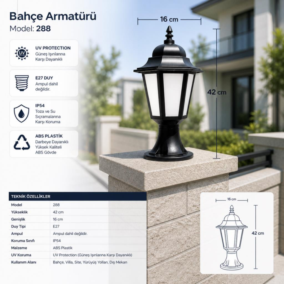 Zita Klas 42 cm Set Üstü Bahçe Aydınlatma Armatürü | E27 Duy, Dış Mekan Uyumlu, IP54 Koruma | Ampul Hariç
