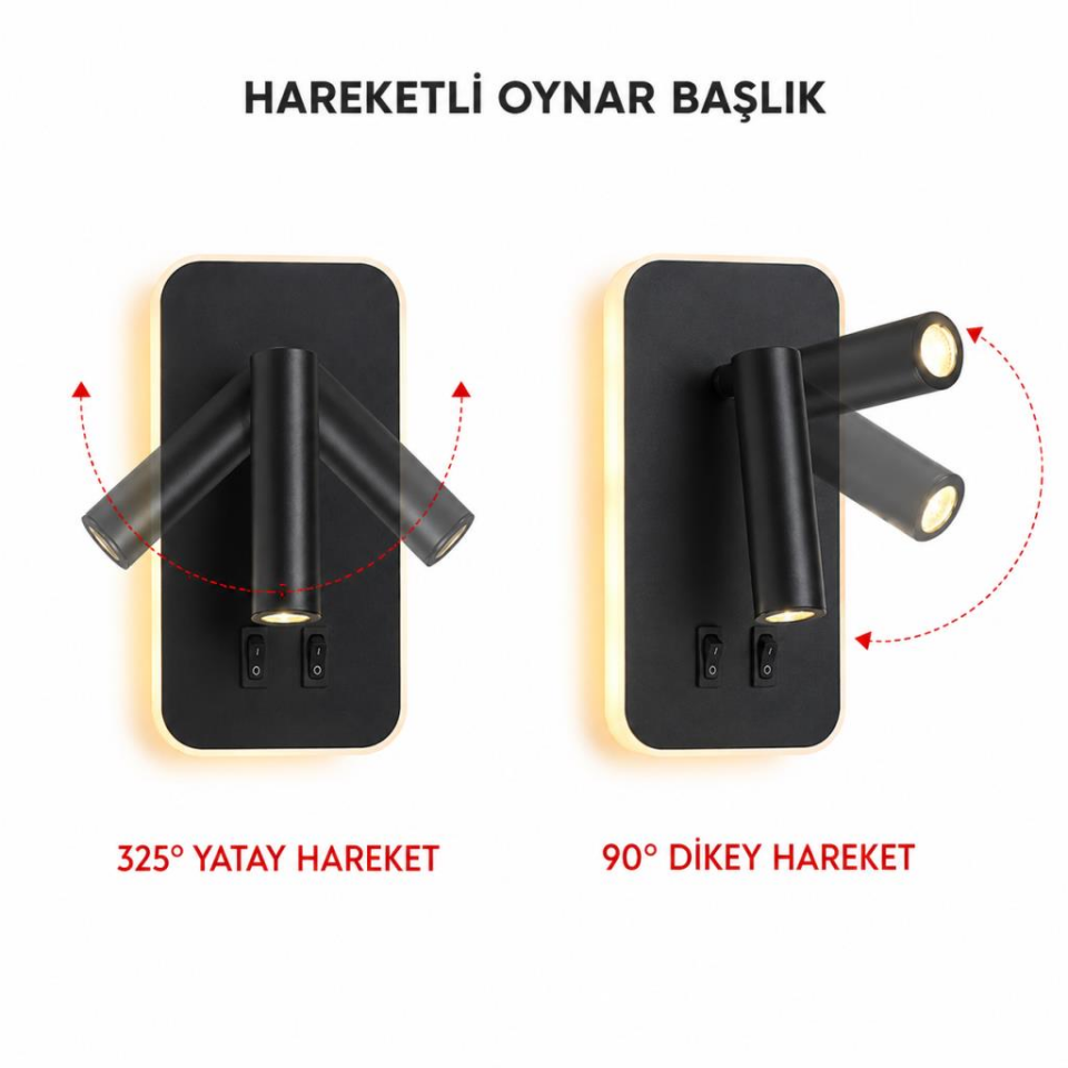 Cata CT-5253 Tuvalu LED Yatak Başı Aplik 13W 930 Lümen Gün Işığı Siyah Çift Anahtarlı 220V
