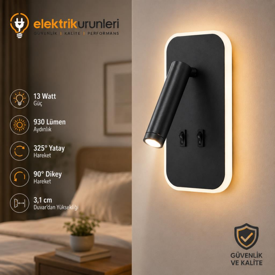 Cata CT-5253 Tuvalu LED Yatak Başı Aplik 13W 930 Lümen Gün Işığı Siyah Çift Anahtarlı 220V