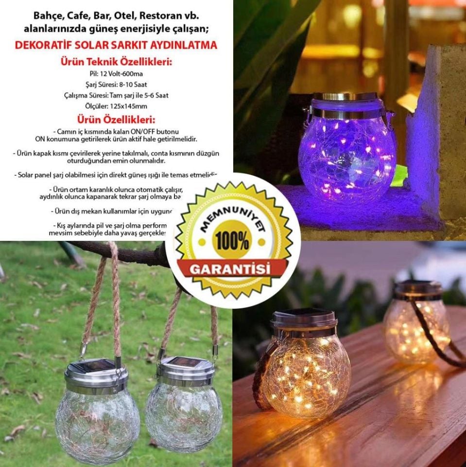 Dekoratif Solar Güneş Enerjili Sarkıt Aydınlatma Cam Kavanoz Peri Ledli