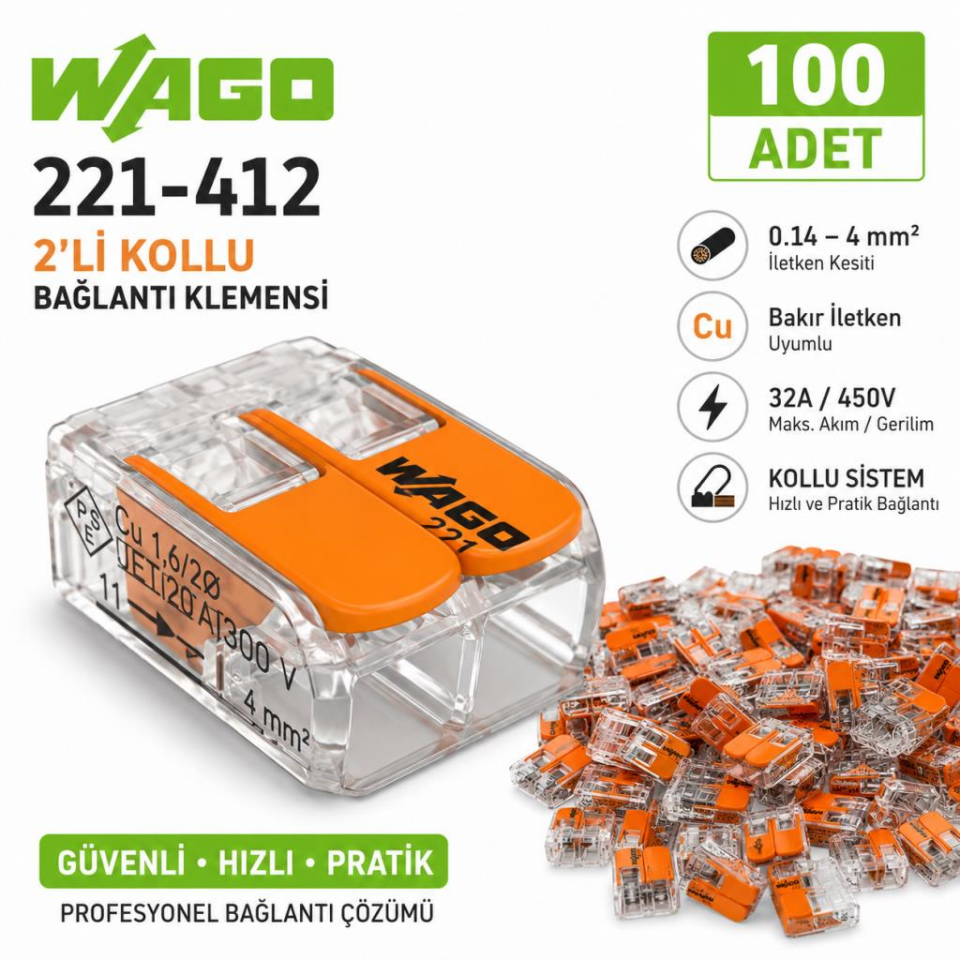 WAGO 221-412 2’li Kollu Kablo Bağlantı Klemensi 100’lü Paket