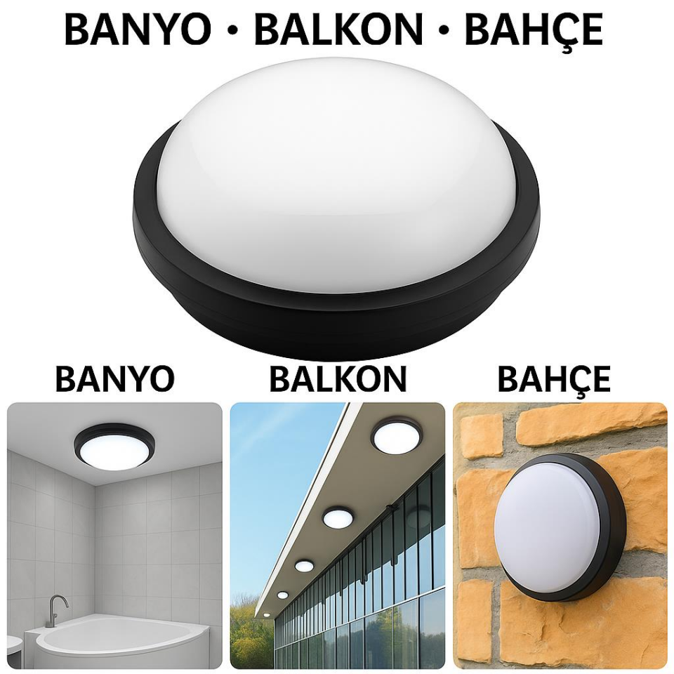 Horoz Artos 15W Yuvarlak Siyah Led Nem Su Geçirmez Banyo Bahçe Modern Tavan Lambası Beyaz Işık 6500K