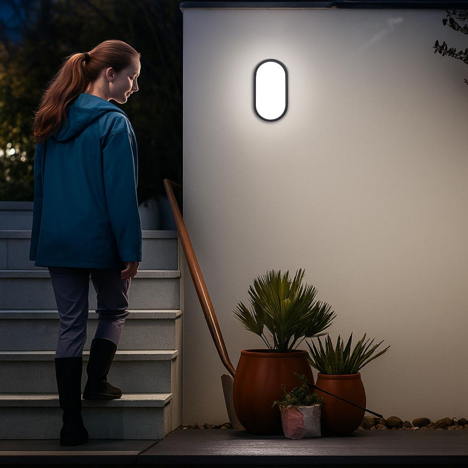 Horoz Aydos 20W Oval Siyah LED Tavan ve Duvar Lambası | 6500K Beyaz Işık | IP65 Su ve Toz Geçirmez Banyo, Bahçe, Garaj Aydınlatma Armatürü