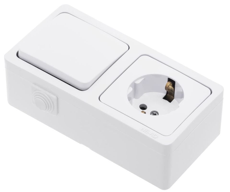 Nead Sıvaüstü Kombine Priz – Anahtarlı Topraklı Priz | Murat Serisi | 95-01-08 | Beyaz | Yerli Üretim | 14x7 cm