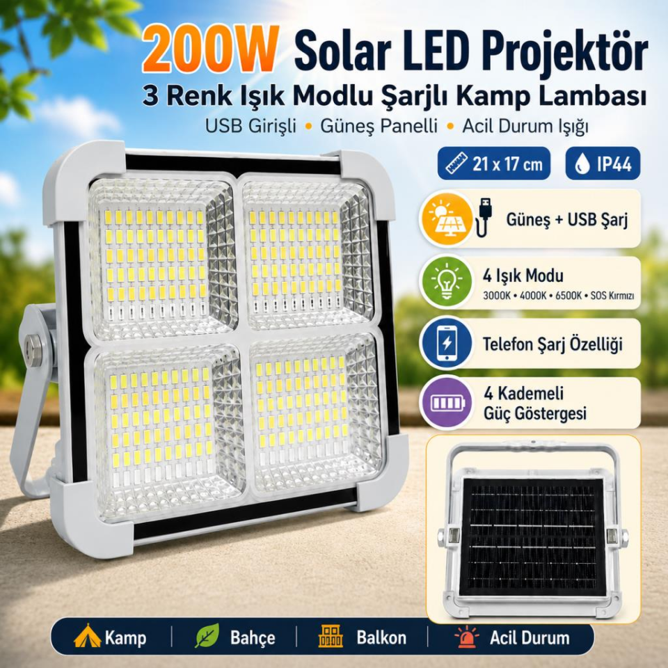 Cata Portatif Solar LED Projektör 200W Güneş Enerjili Seyyar LED Işık Taşınabilir Sokak Aydınlatması CT-4698
