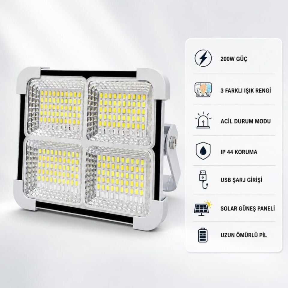 Cata Portatif Solar LED Projektör 200W Güneş Enerjili Seyyar LED Işık Taşınabilir Sokak Aydınlatması CT-4698