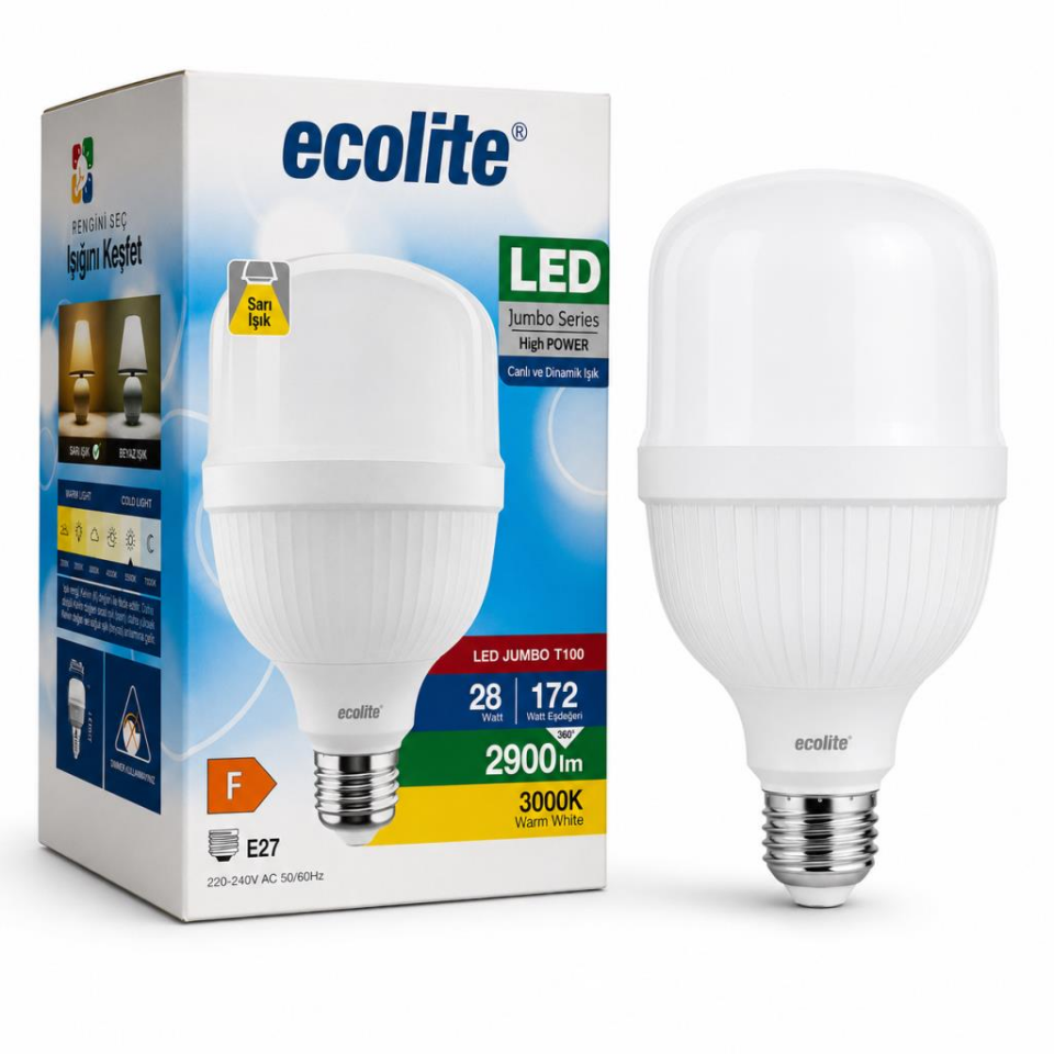 Ecolite 28W Jumbo LED Ampul E27 3000K Sarı Işık 2900 Lümen 172W Eşdeğeri Büyük Boy Enerji Tasarruflu LED Ampul