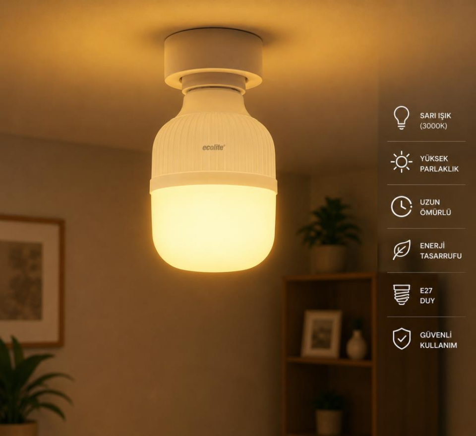 Ecolite 28W Jumbo LED Ampul E27 3000K Sarı Işık 2900 Lümen 172W Eşdeğeri Büyük Boy Enerji Tasarruflu LED Ampul