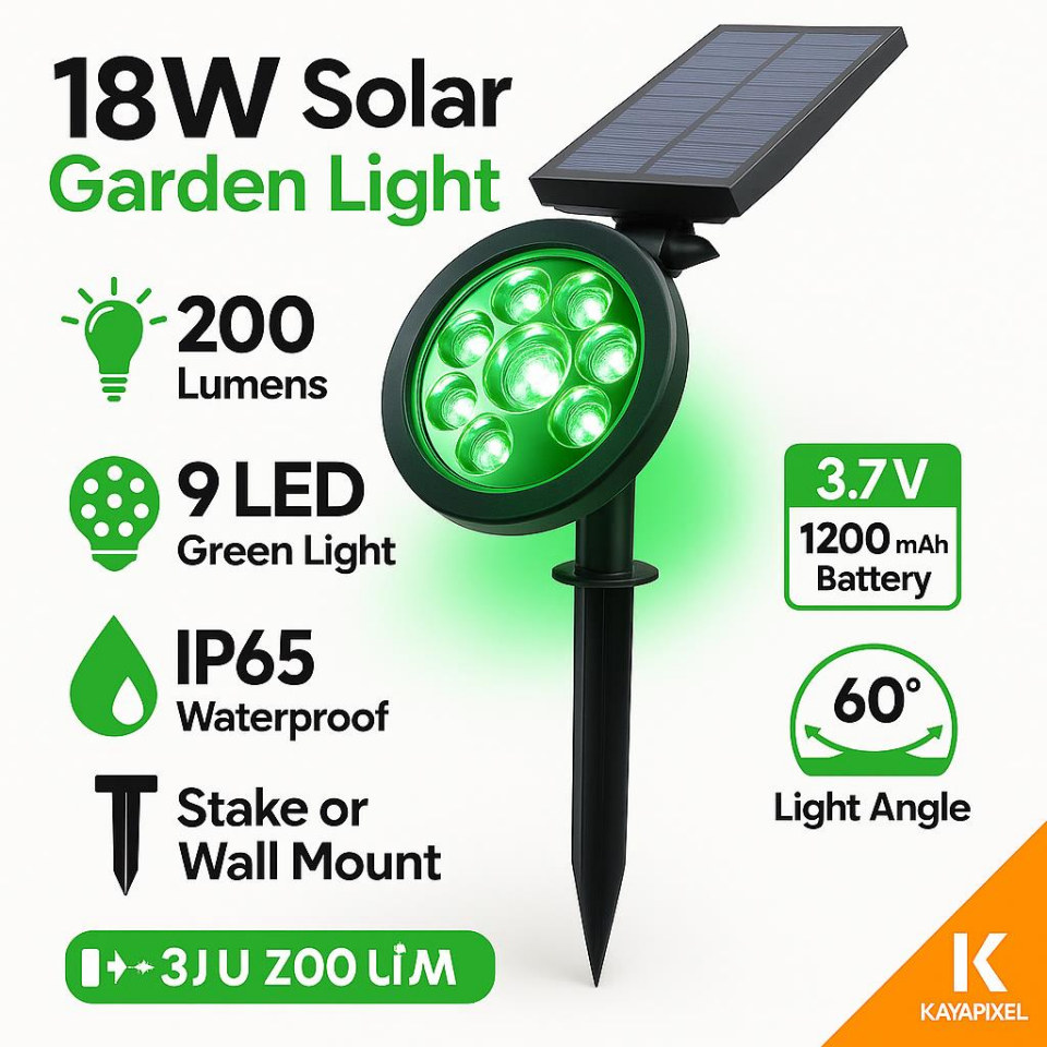 18w Yeşil Renk Led Işık Güneş Enerjili Kazıklı Çim Lambası Cata Solar Bahçe Armatürü