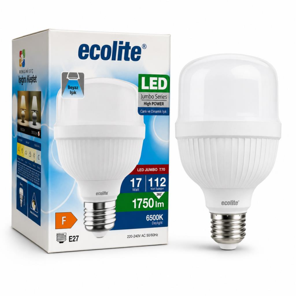 Ecolite 17W Jumbo LED Ampul 6500K Beyaz Işık E27 – 1750 Lümen Yüksek Parlaklık (112W Eşdeğer)