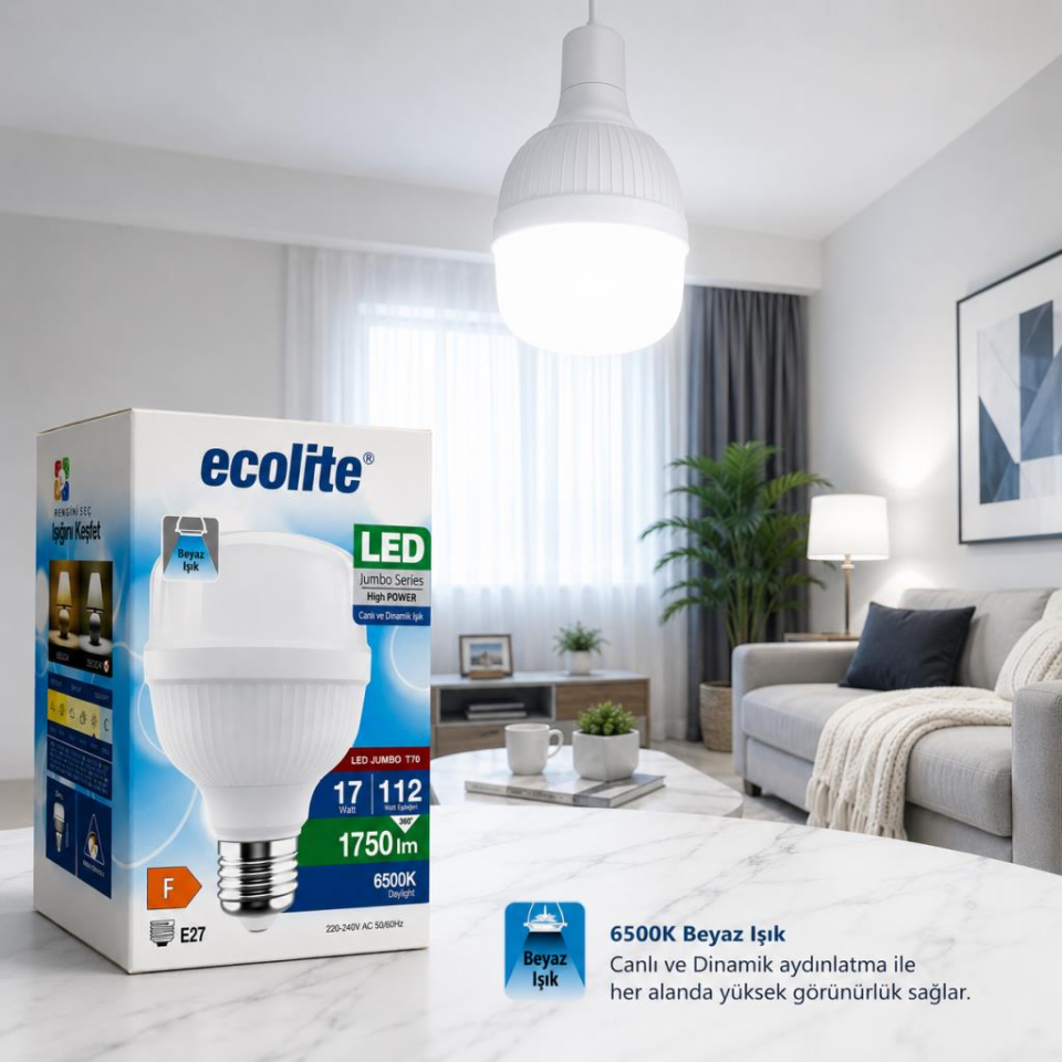 Ecolite 17W Jumbo LED Ampul 6500K Beyaz Işık E27 – 1750 Lümen Yüksek Parlaklık (112W Eşdeğer)