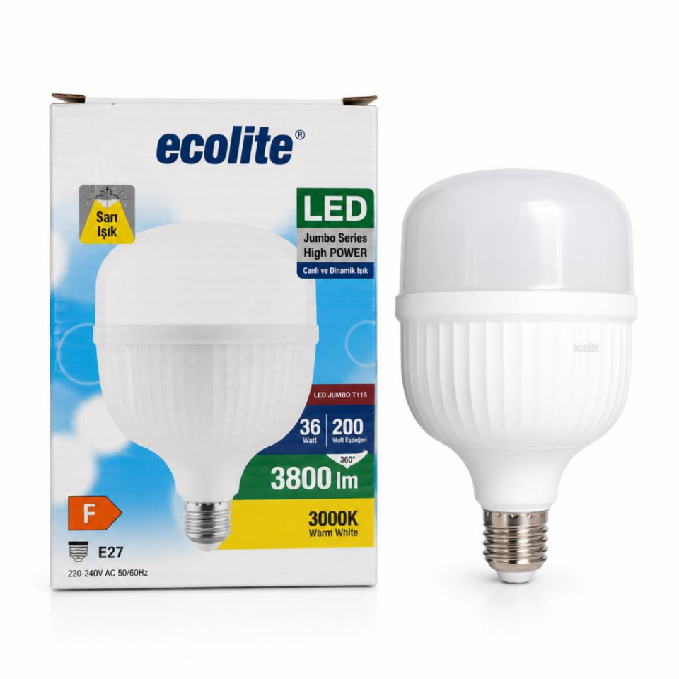Ecolite 36W Jumbo LED Ampul E27 Duy 3800 Lümen 3000K Sarı Işık | 200W Eşdeğer Yüksek Güçlü LED Ampul