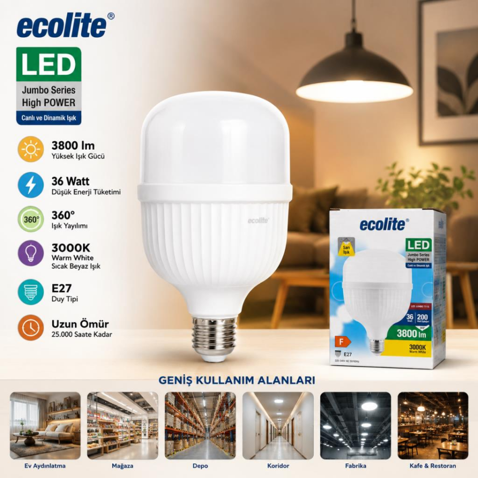 Ecolite 36W Jumbo LED Ampul E27 Duy 3800 Lümen 3000K Sarı Işık | 200W Eşdeğer Yüksek Güçlü LED Ampul