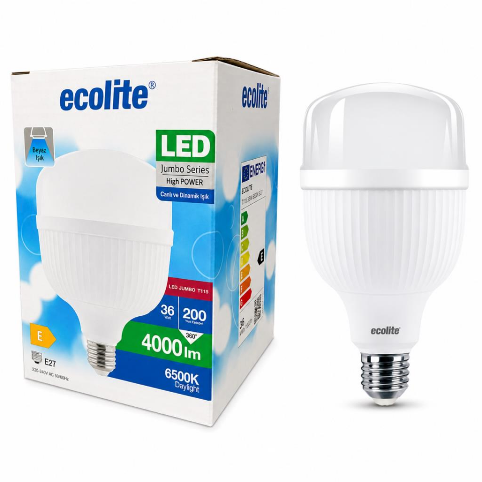 Ecolite 36W Jumbo LED Ampul 6500K Beyaz Işık E27 Duylu 4000 Lümen 200W Eşdeğeri Güçlü Aydınlatma AC220V