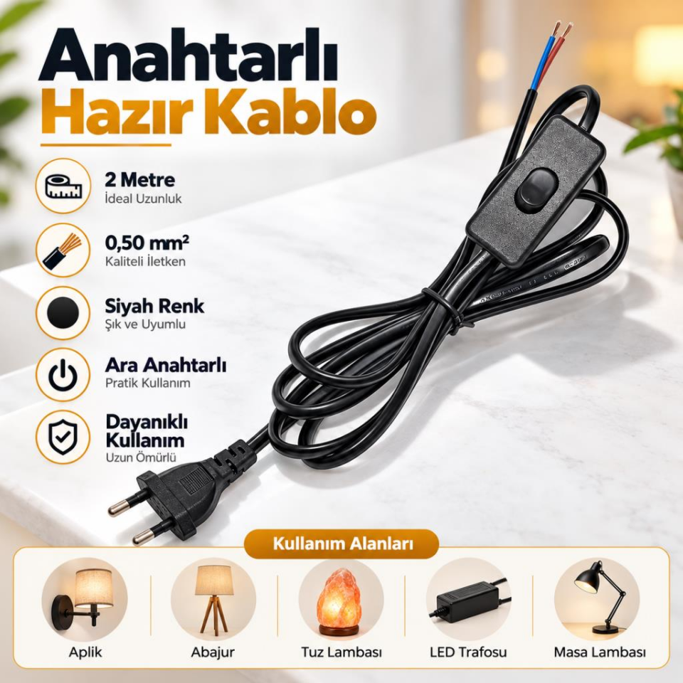 Örgün 2 Metre Anahtarlı Fişli Hazır Kablo Siyah 0,50 mm² – Abajur, Aplik, Tuz Lambası, Masa Lambası ve LED Trafo Uyumlu