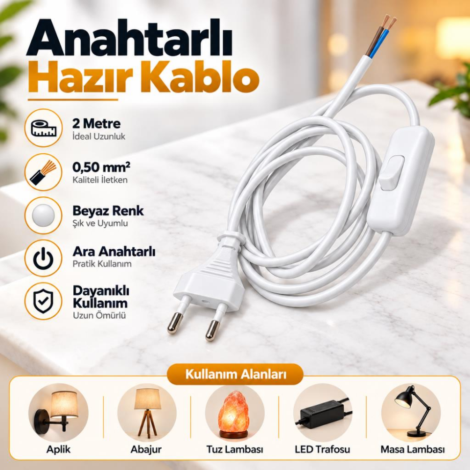 Örgün 2 Metre Anahtarlı Fişli Hazır Kablo Beyaz 0,50 mm² – Abajur, Aplik, Tuz Lambası ve LED Trafo Uyumlu