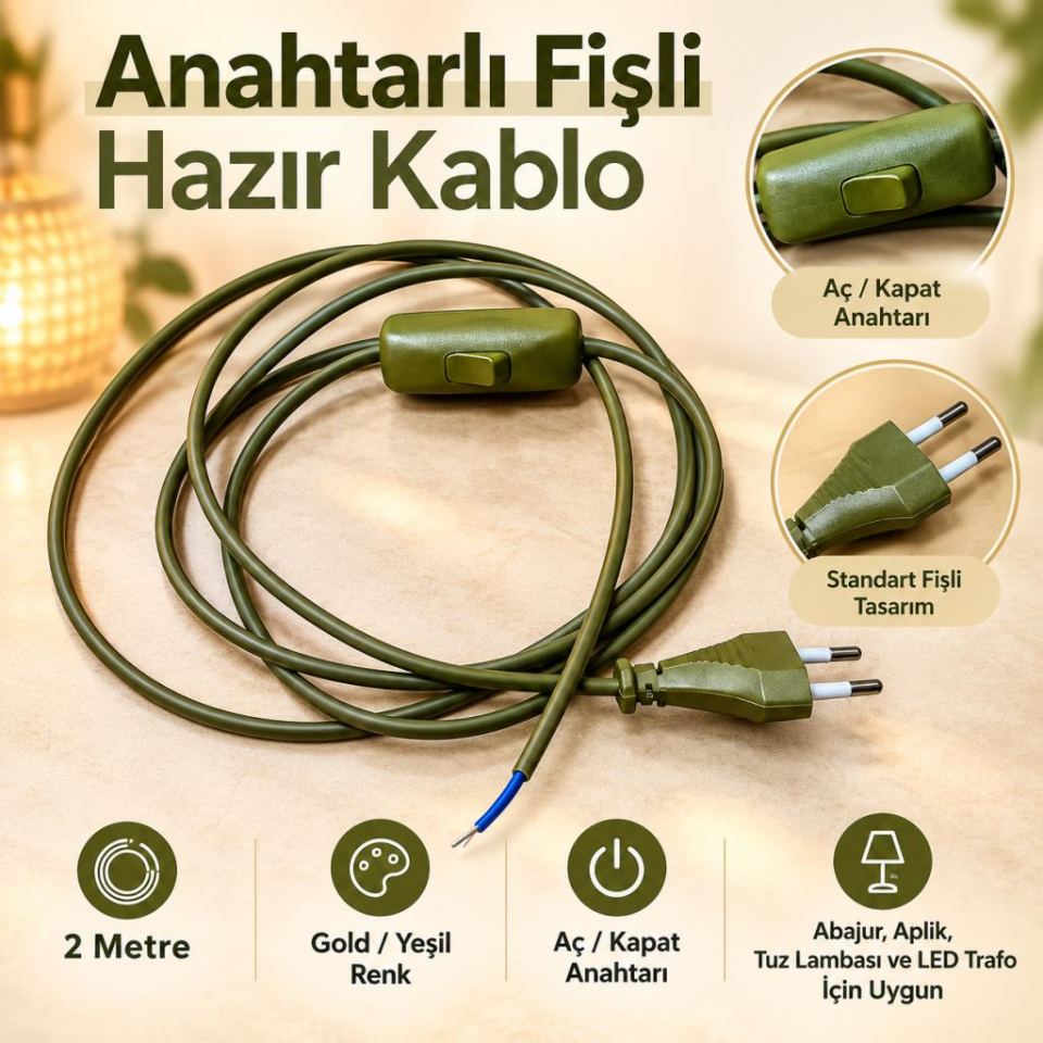 Örgün 2 Metre Gold Haki Anahtarlı Fişli Hazır Kablo 0,50 mm² – Abajur, Aplik, Tuz Lambası ve LED Trafo İçin