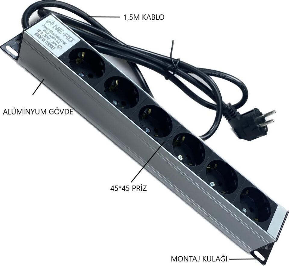 NE-AD 6'lı 1,5 Metre Kablolu Grup Priz Aluminyum Gövde 16A 250V 4000W