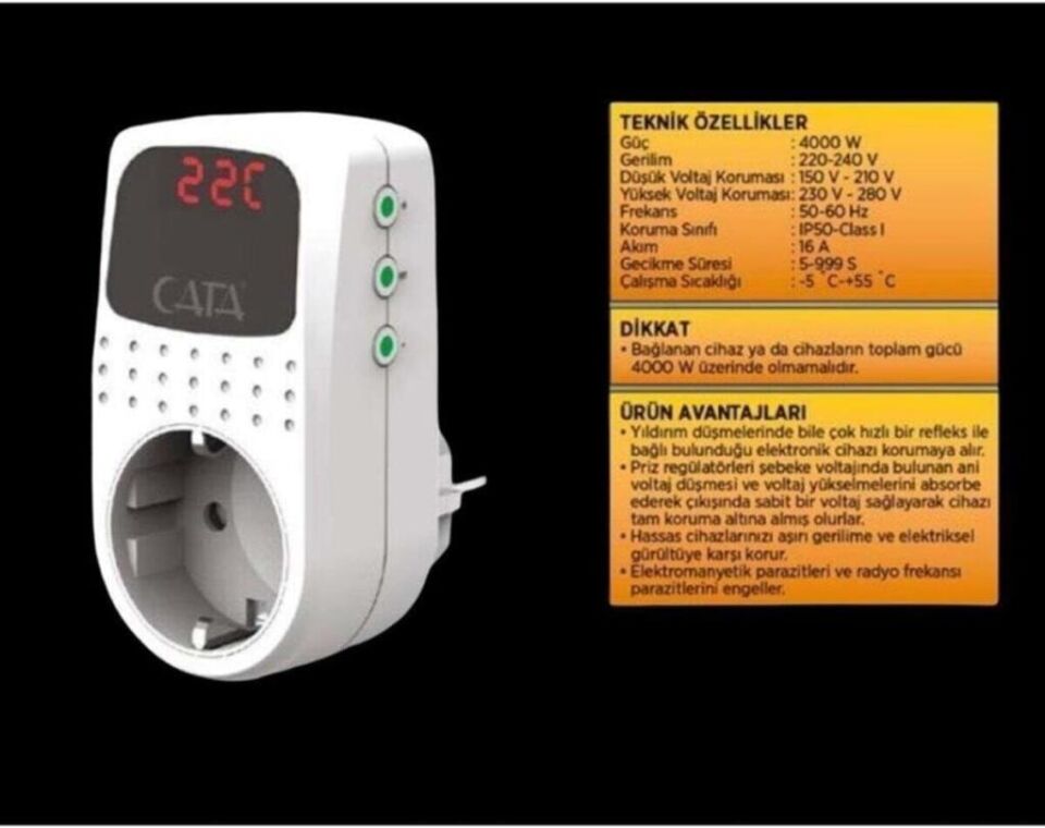 CATA CT-9187 Akım Korumalı Priz Regülatör | 16A 4000W | Gerilim Koruma, Düşük Voltaj Koruması, Elektrikli Cihazlar İçin Güvenlik Prizi