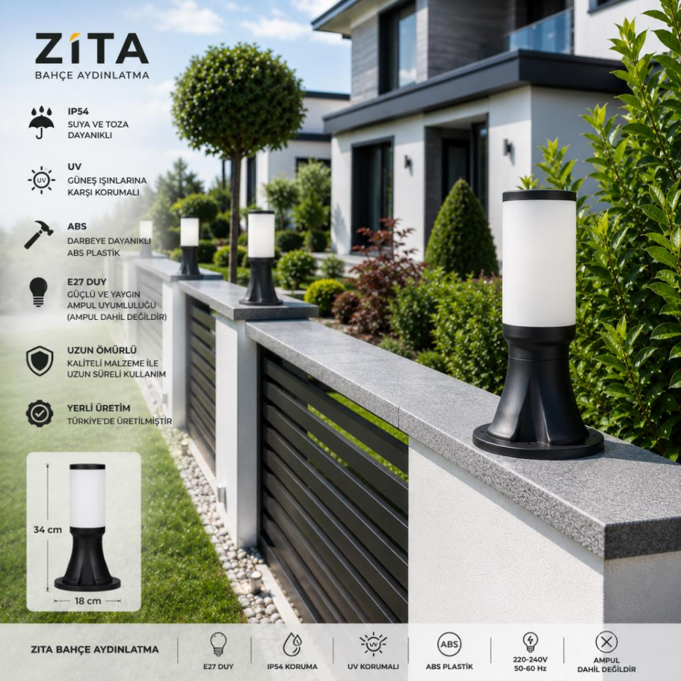 ZİTA Kule Kale 34 cm Bahçe Aydınlatma Lambası | E27 Duy | IP54 Suya Dayanıklı Dış Mekan Yol Lambası | Ürün Kodu: 237