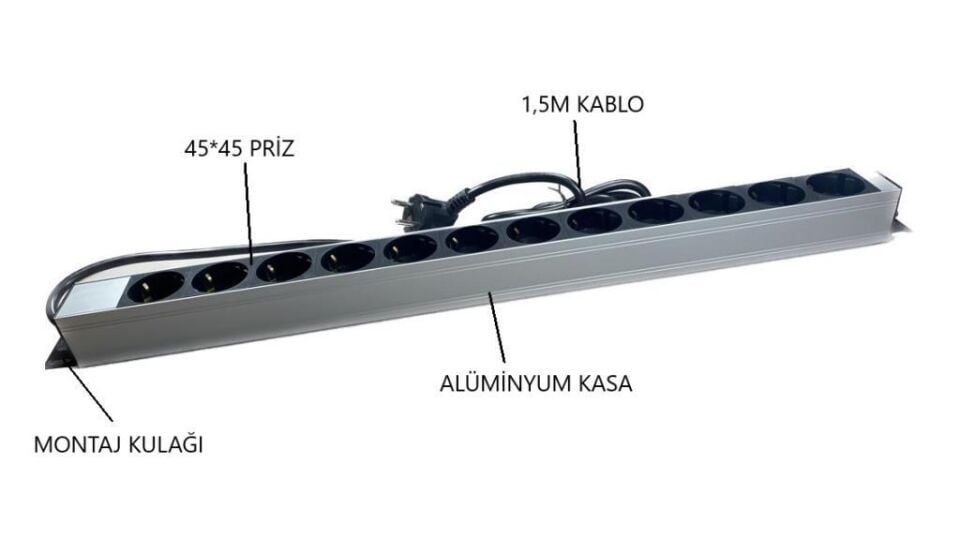 NE-AD 7040 12’li Alüminyum Gövdeli Grup Priz – 1,5 Metre Kablo, 16A 250V 4000W, Gümüş/Siyah, Dayanıklı ve Şık Tasarım