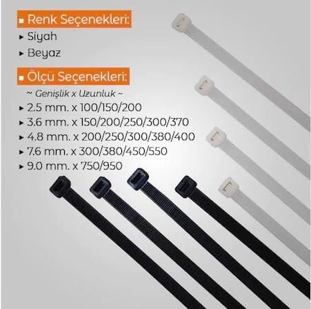 Çetsan 9,0x750 Siyah Kablo Bağı Plastik Cırt Kelepçe-100 Adet
