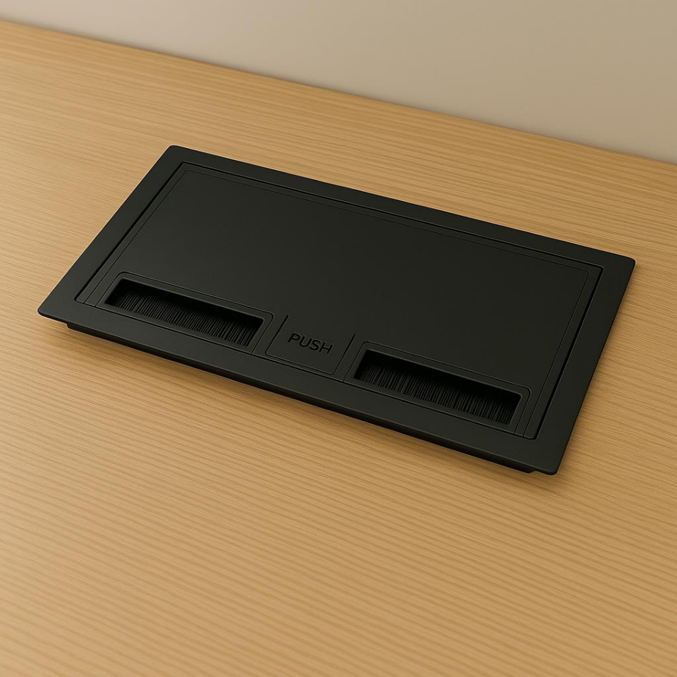 Siyah ABS Masa Üstü Kapaklı Priz Kutusu – 2 UPS + 2 Şebeke + 1 Data Modülü – Gömme Tip Toplantı Masası Priz Ünitesi