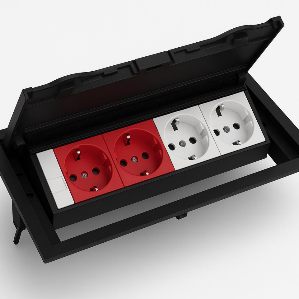 Siyah ABS Masa Üstü Kapaklı Priz Kutusu – 2 UPS + 2 Şebeke + 1 Data Modülü – Gömme Tip Toplantı Masası Priz Ünitesi