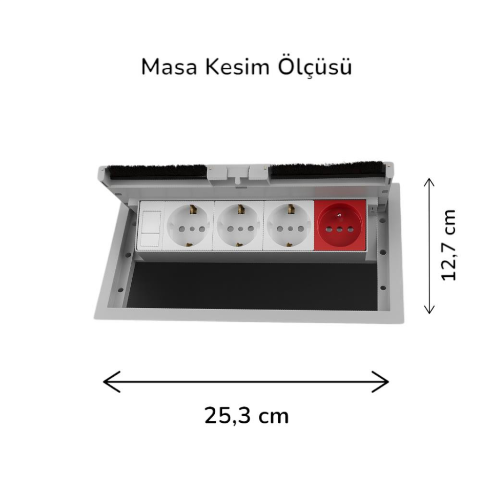 NE-AD 3100 Gri Masa Üstü Kapaklı Priz Kutusu – 3 Şebeke + 1 UPS + 1 Data Prizli, ABS Gövde
