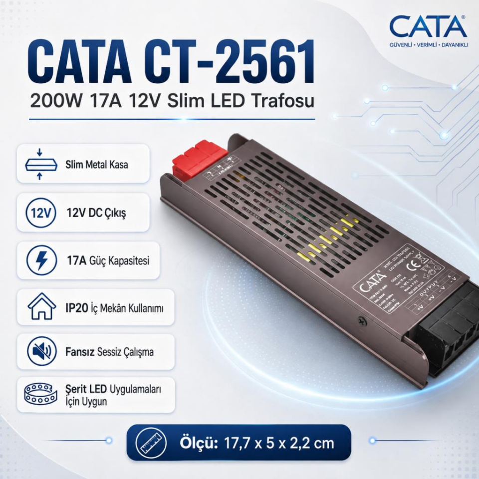 Cata CT-2561 200W 17A 12V Slim Şerit LED Trafosu IP20 Fansız Metal Kasa