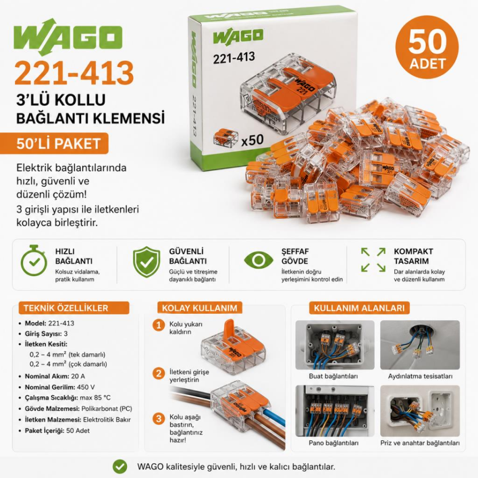 WAGO 221-413 3’lü Kollu Kablo Bağlantı Klemensi 50’li Paket