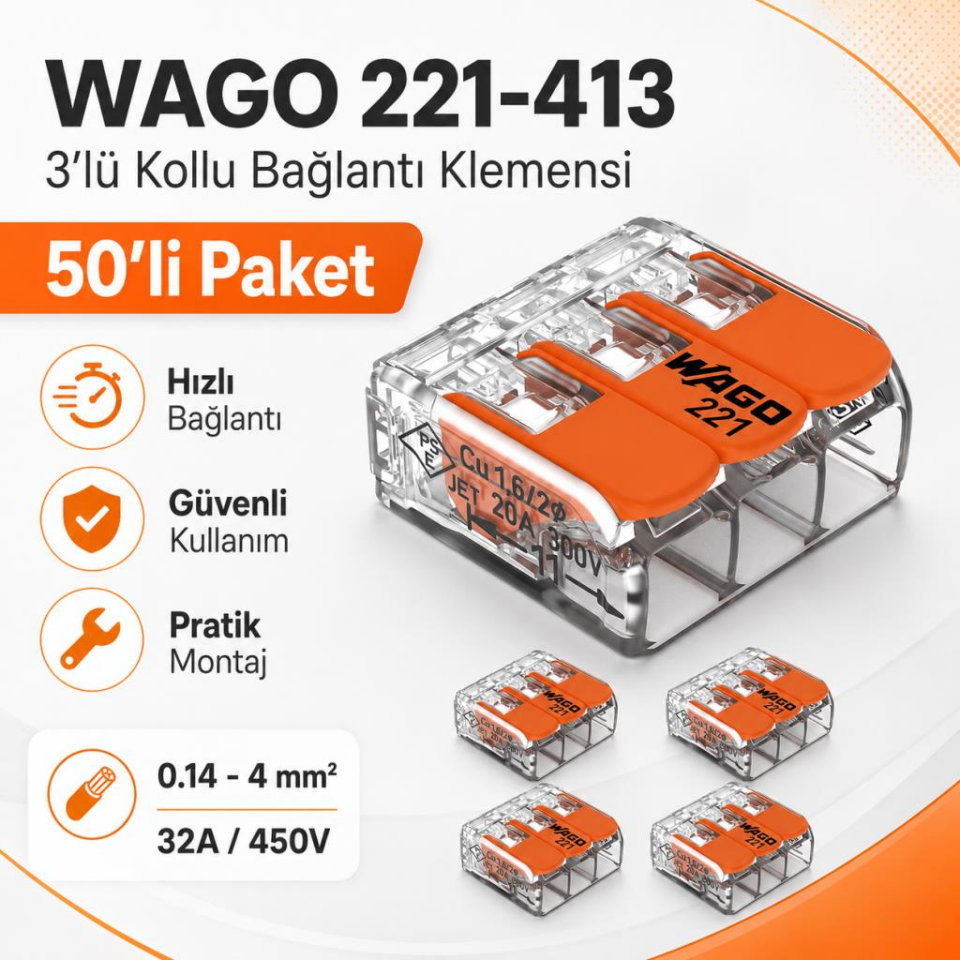 WAGO 221-413 3’lü Kollu Kablo Bağlantı Klemensi 50’li Paket