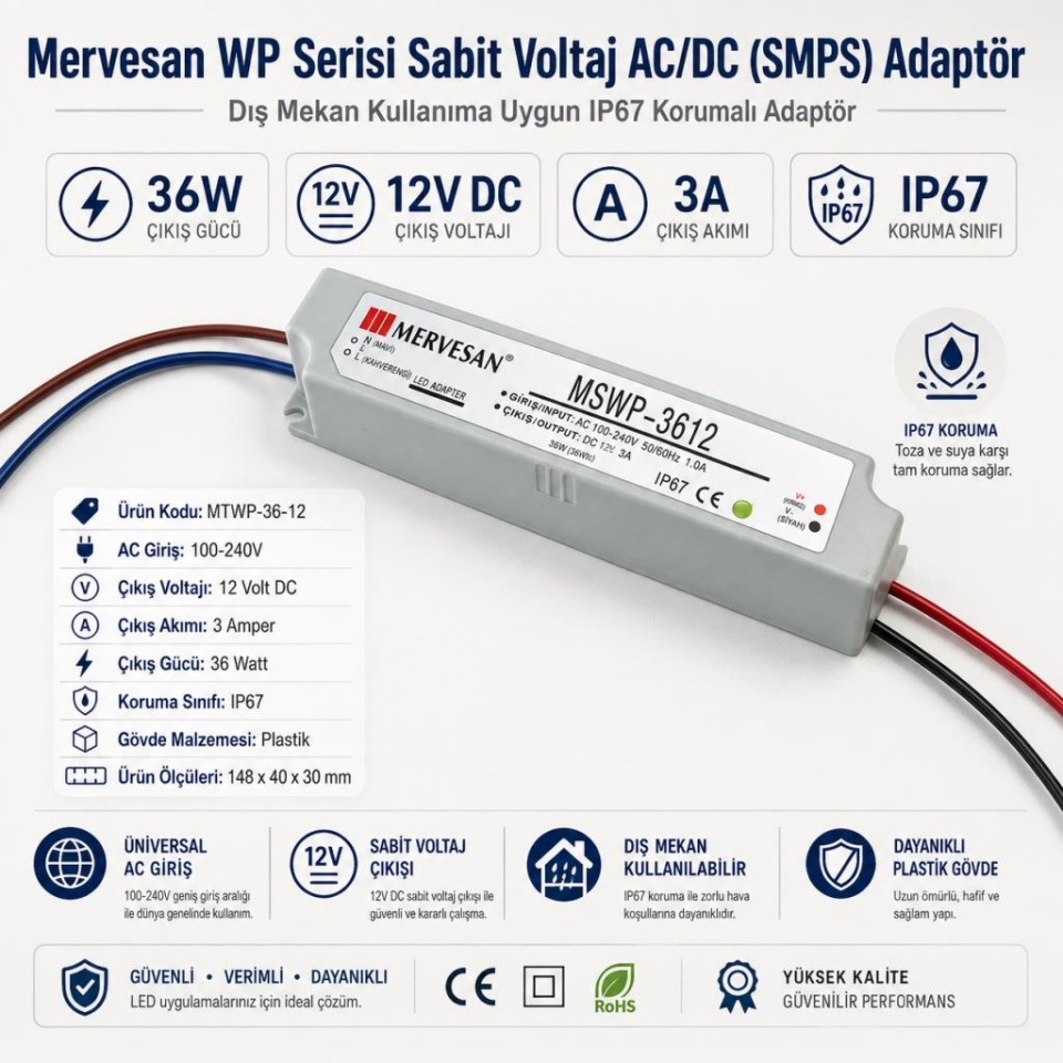 Mervesan MTWP-36-12 36W 12V 3A IP67 Dış Mekan LED Adaptör