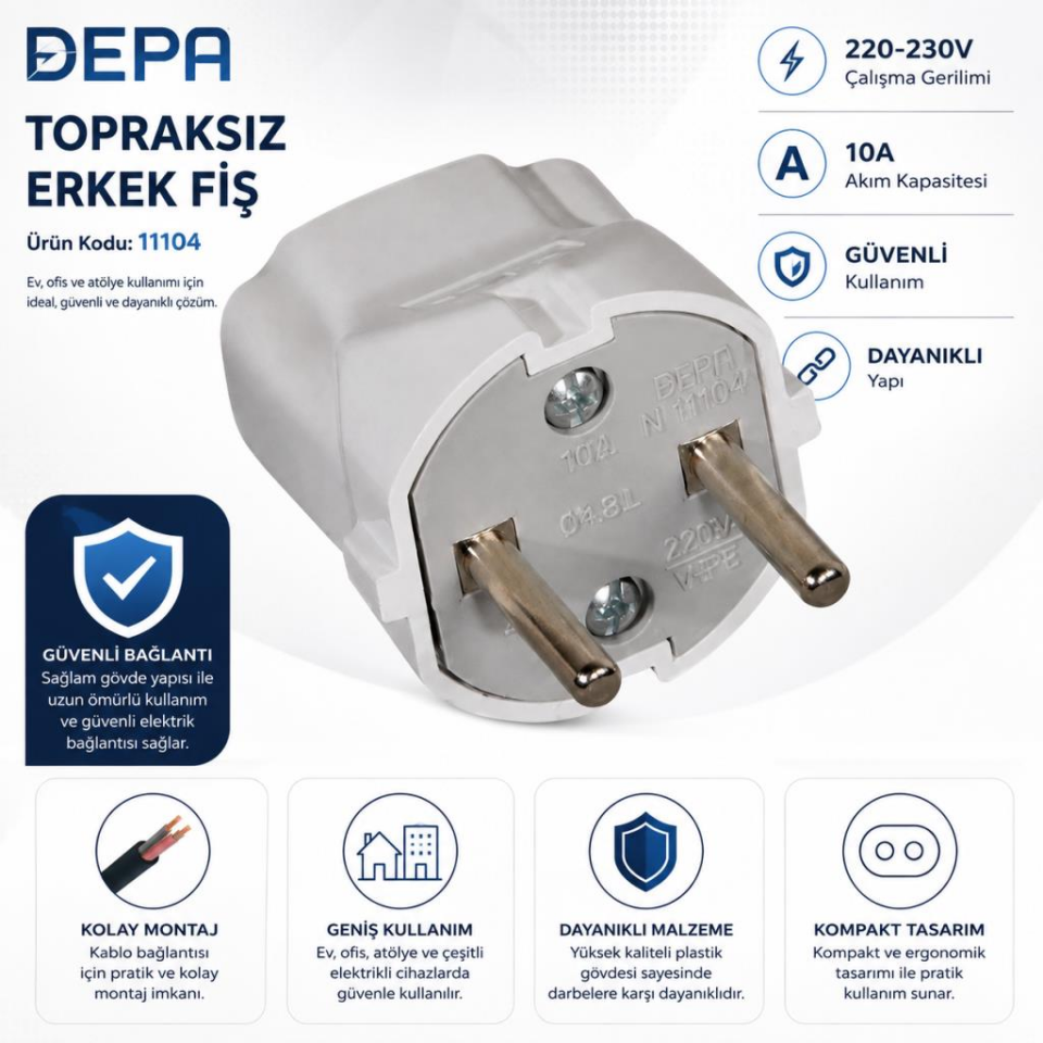 De-Pa 11104 Topraksız Erkek Fiş 10A 220-230V Elektrik Fişi Dayanıklı Priz Fişi