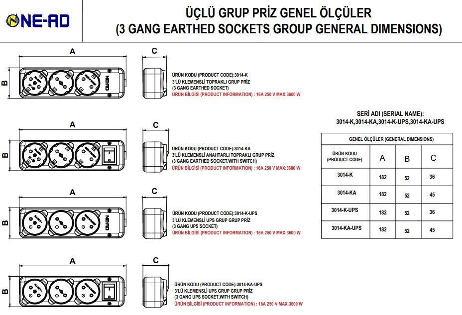 Ne-Ad Üçlü Grup Priz 5 Metre Kablolu 3014-5