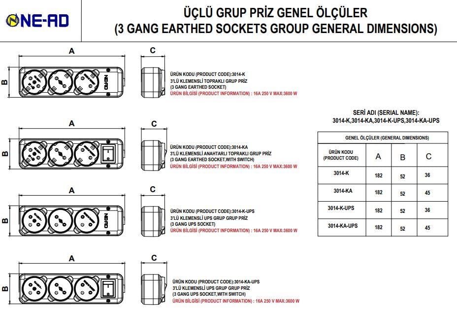 Ne-Ad Üçlü Grup Priz 5 Metre Kablolu 3014-5